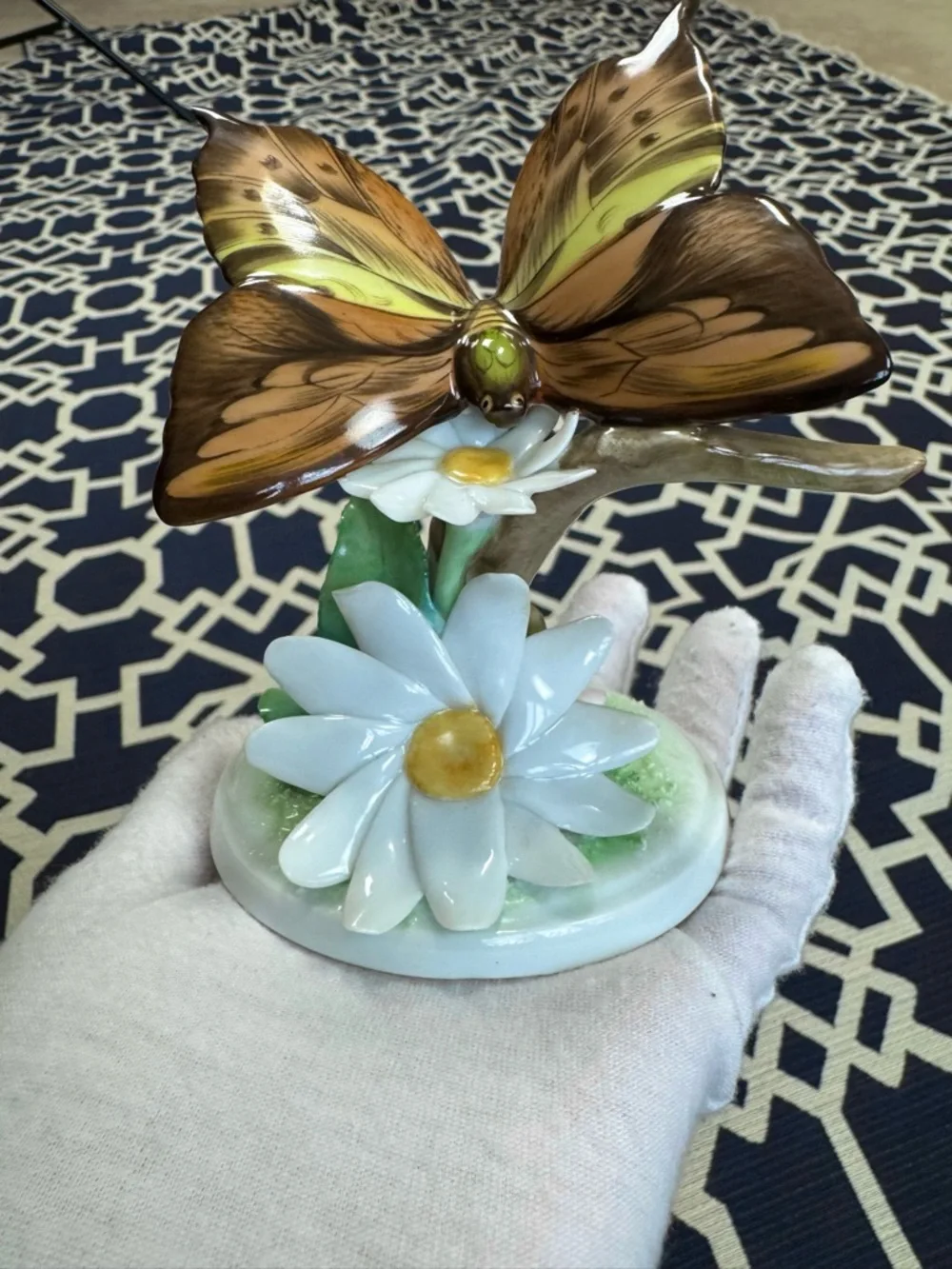 Herend Hungary Handpainted Porcelain Butterfly & Daisy Figurine Floral Vintage